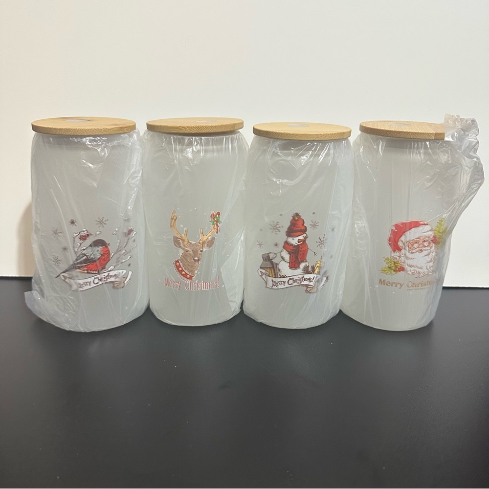 Festive/4 Pieces Christmas Glass Cups Set 16 oz/Bamboo Lids - Picture 2 of 14